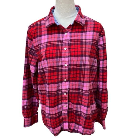 Land’s End XL 18 Women’s Plaid Shirt Red Pink Button Down Cotton *smaller XL* - Picture 1 of 6